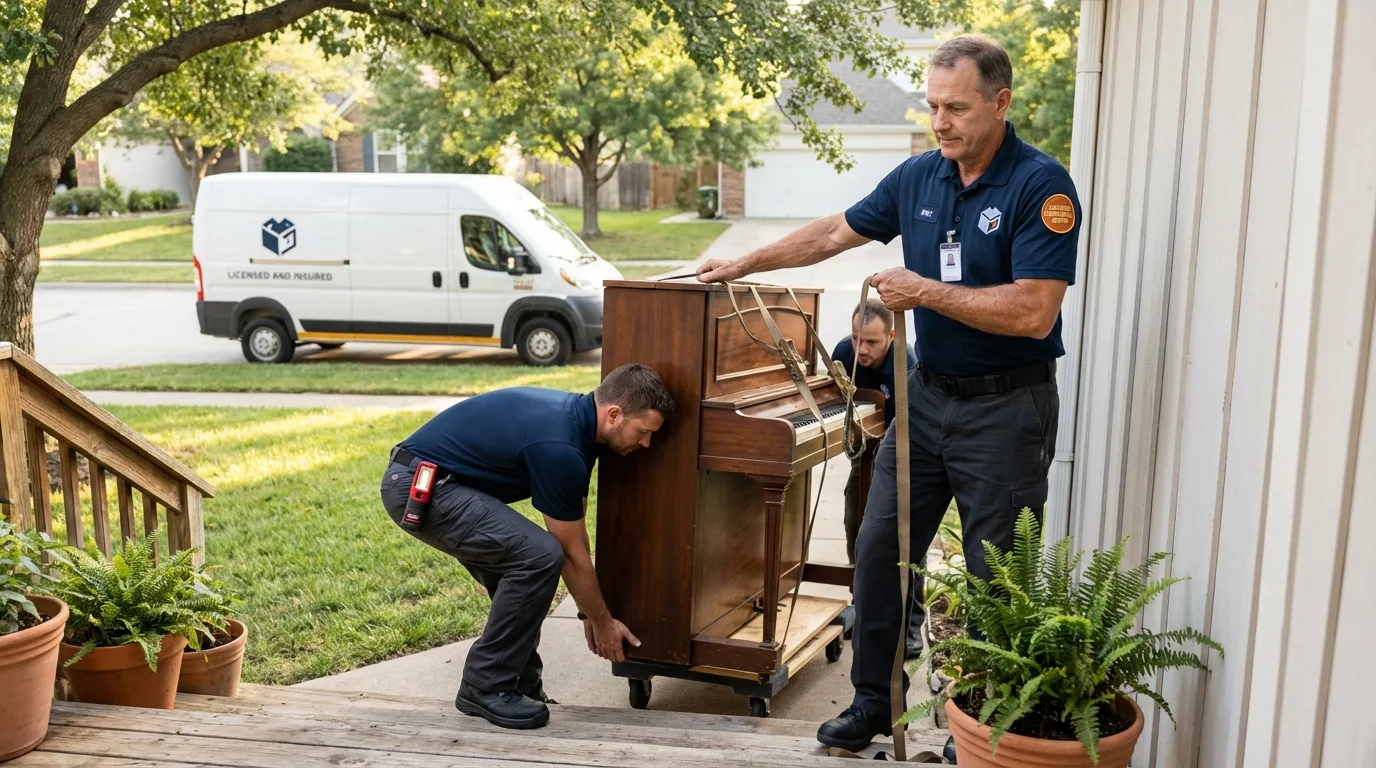 Licensed piano movers securing grand piano in Le Sueur, MN