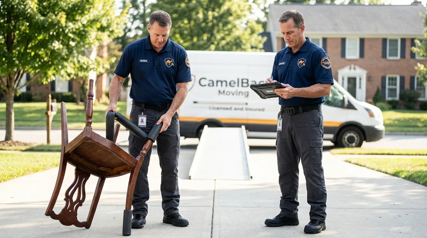 Movers inspecting furniture for damage prevention before loading in Le Sueur, MN