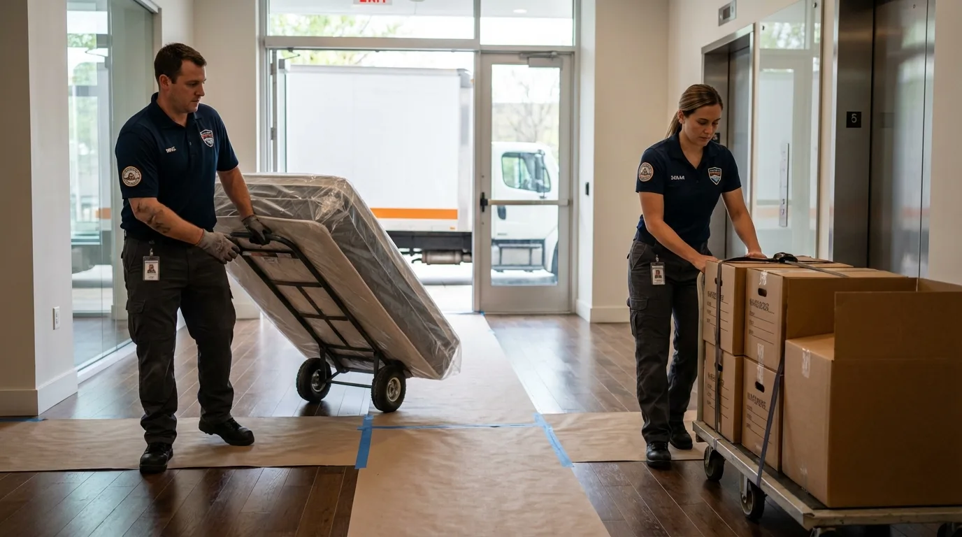 Professional apartment movers loading elevator in Le Sueur, MN