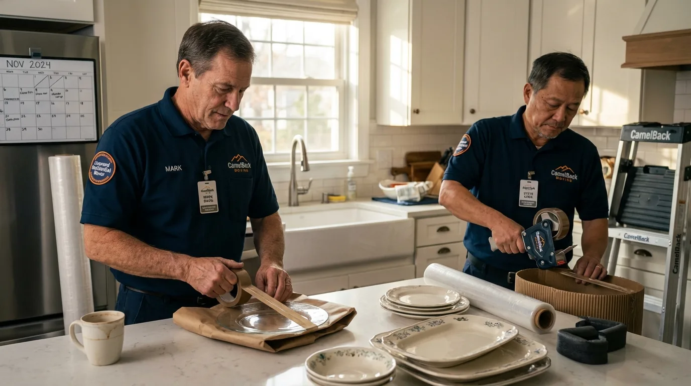 Professional crew packing kitchen dishware in Le Sueur, MN